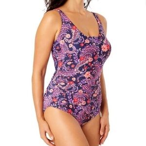 Lands' End Womens One-Piece Swimsuit Purple Print Ruched Adj Strap UPF50 Small